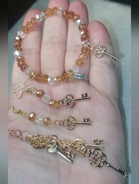 Rose Goldtone Key Charm Bracelet and Earring Necklace Set in Amber-Citrine